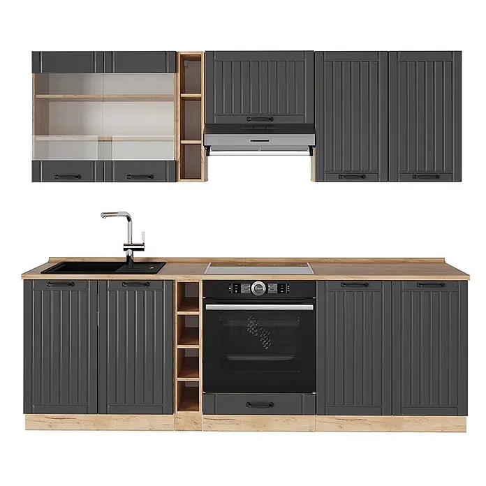 Vicco Küchenzeile Fame-Line Dunkelgrau, AP Eiche - Breite: 235 cm, Dunkelgrau, Ohne Elektrogeräte - Dunkelgraue Küchenzeile mit hellen Holzplatten, inklusive Spüle, Backofen, Kochfeld und Dunstabzugshaube.