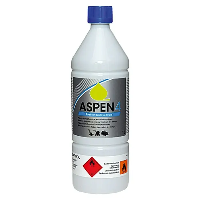Aspen Sonderkraftstoff-Viertaktmotor für Rasenmäher Aspen 4 - 1 l, Passend für: 4-Takt Gartengeräte - Aspen 4 Kraftstoff für Profis in einer weißen Flasche mit blauem Verschluss. Leicht entzündlich, 1 Liter.