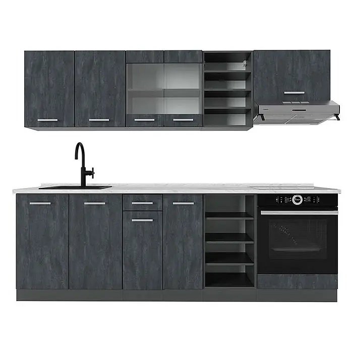 Vicco Küchenzeile R-Line, Schwarz Beton/Anthrazit, 240 cm -  - Moderne dunkelgraue Küchenzeile mit weißer Arbeitsplatte, Spüle, Backofen und Dunstabzugshaube.
