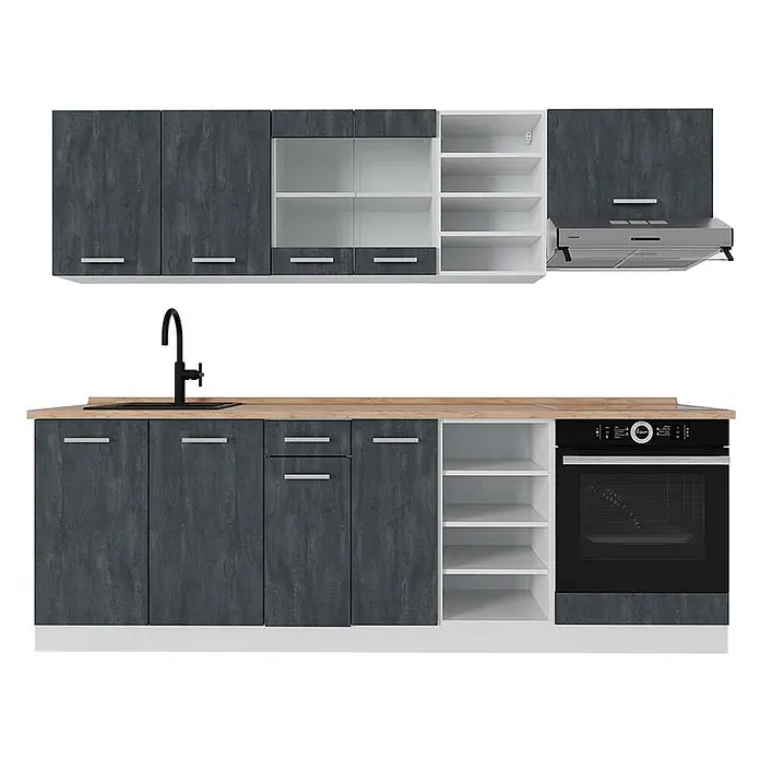 Vicco Küchenzeile R-Line, Schwarz Beton/Weiß, 240 cm -  - Dunkelgraue Küchenzeile mit Holzoptik-Arbeitsplatte, schwarzer Spüle, Einbauofen und Dunstabzugshaube. Mit offenen Regalen und Oberhängeschränken mit Glasfront.