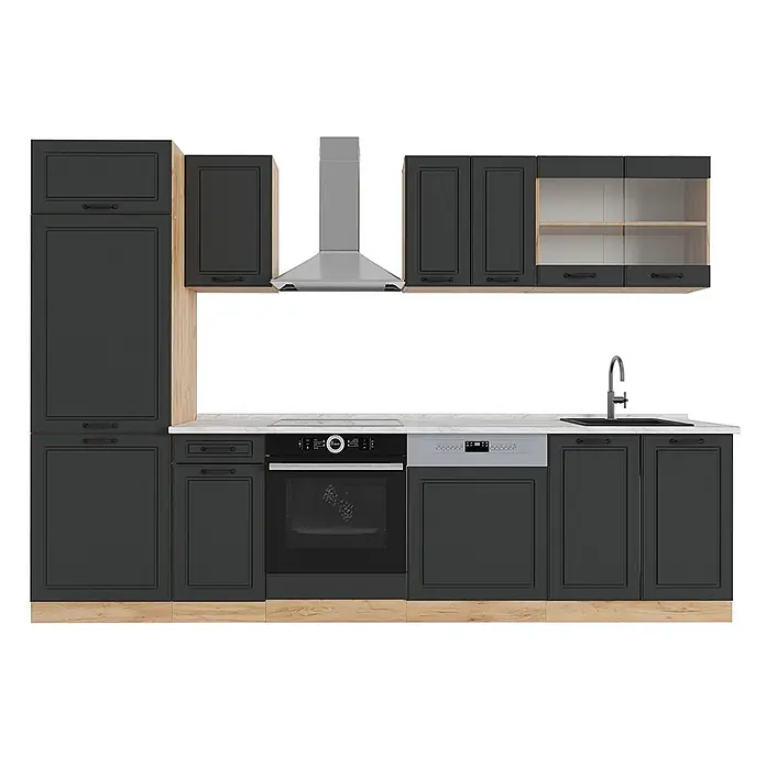 Vicco Küchenzeile R-Line, Anthrazit Landhaus/Goldkraft Eiche, 300 cm -  - Dunkelgraue Küche mit Holzakzenten, weißer Arbeitsplatte, Edelstahlgeräten (Ofen, Geschirrspüler, Dunstabzug) und schwarzer Spüle.