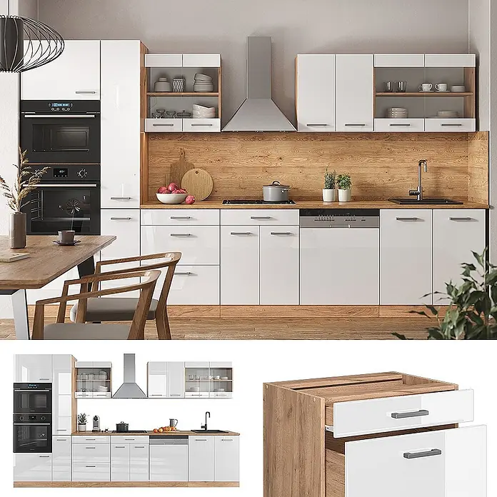 Vicco Küchenzeile R-Line Weiß Hochglanz/Goldkraft Eiche mit Hochschrank, AP Eiche - Weiß Hochglanz, Ohne Elektrogeräte