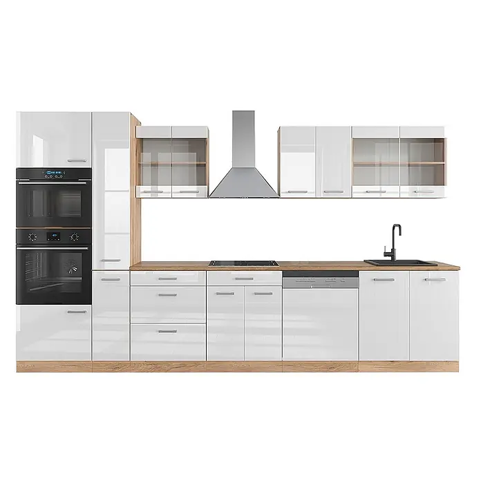 Vicco Küchenzeile R-Line Weiß Hochglanz/Goldkraft Eiche mit Hochschrank, AP Eiche - Weiß Hochglanz, Ohne Elektrogeräte