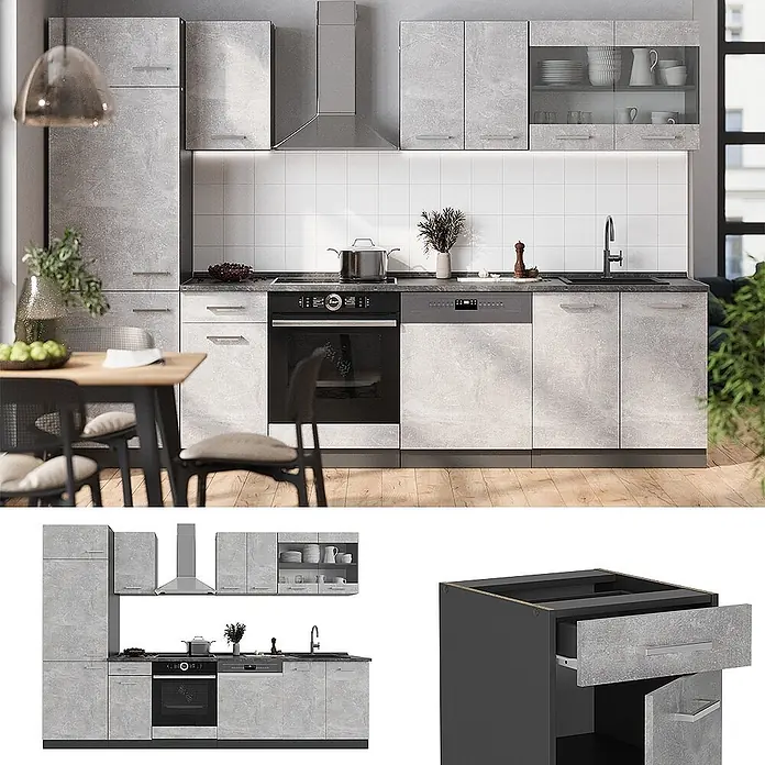 Vicco Küchenzeile R-Line Beton/Anthrazit, AP Eiche - Breite: 300 cm, Beton, Ohne Elektrogeräte - Moderne Küchenschrank-Set mit Betonoptik-Fronten, integriertem Ofen, Geschirrspüler und Spüle. Inklusive Hochschrank und Oberschränke.