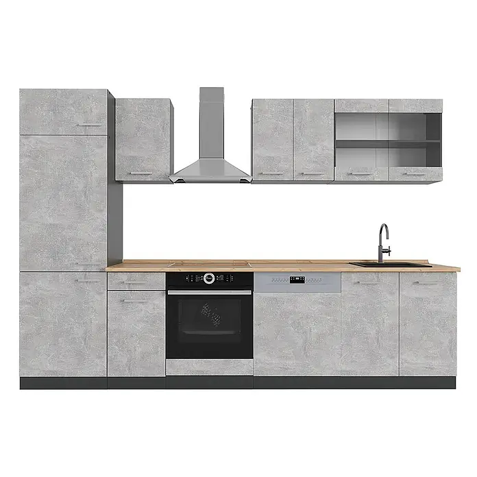 Vicco Küchenzeile R-Line Beton/Anthrazit, AP Eiche - Breite: 300 cm, Beton, Ohne Elektrogeräte - Moderne hellgraue Küche mit Holzarbeitsplatte, integriertem Backofen, Kochfeld, Spüle, Geschirrspüler und Dunstabzugshaube.