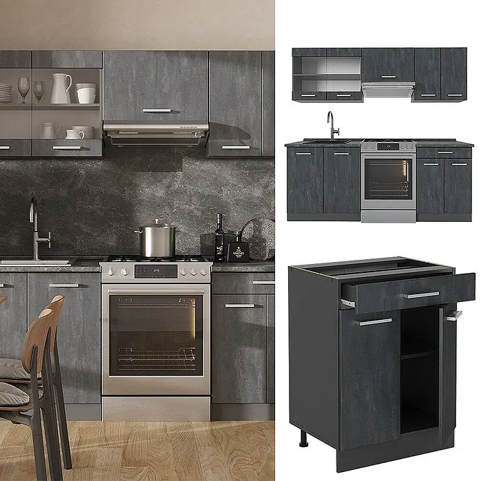 Vicco Küchenzeile R-Line, Schwarz Beton/Anthrazit, 200 cm -  - Dunkelgraue, texturierte modulare Küchenzeile mit Backofen, Spüle und Schränken.