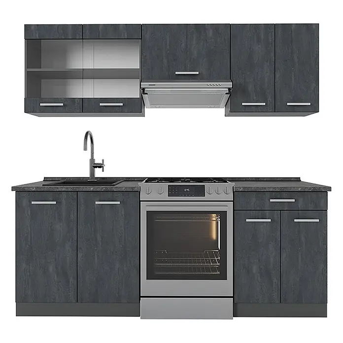 Vicco Küchenzeile R-Line, Schwarz Beton/Anthrazit, 200 cm -  - Dunkelgraue modulare Küchenzeile mit Spüle, Backofen, Kochfeld und Dunstabzugshaube. Mit Ober- und Unterschränken und silbernen Griffen.