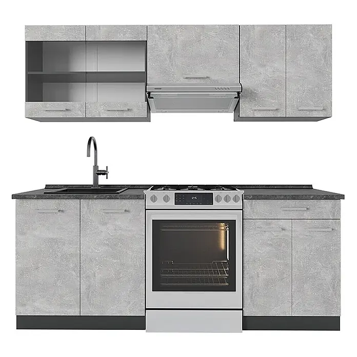 Küchenzeile R-Line 200 cm Beton Art.-Nr. 53591 -  - Komplette Küche mit grauen Beton-Schränken, dunkler Arbeitsplatte, silberner Spüle, Backofen und Dunstabzugshaube.