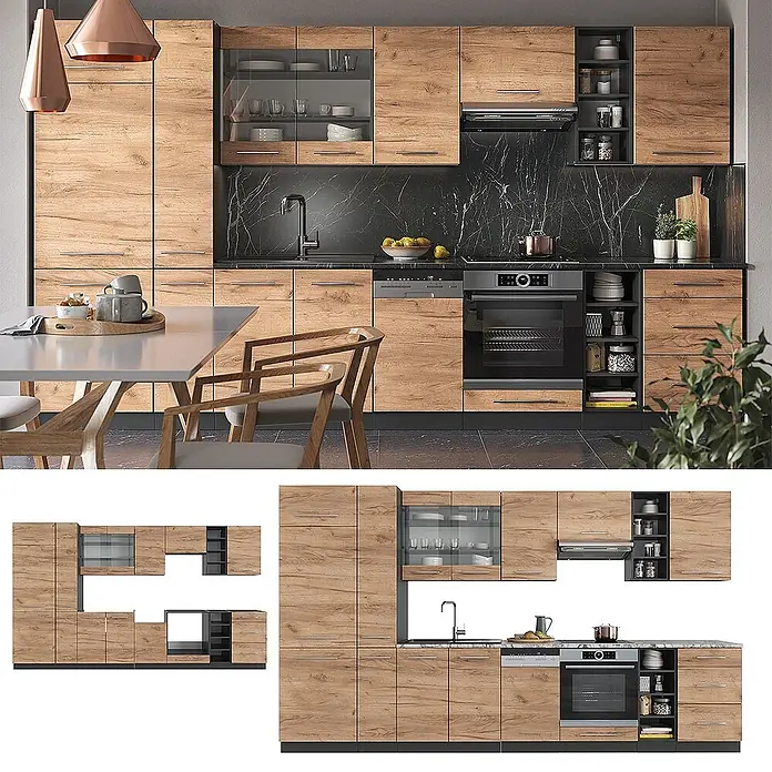 Vicco Küchenzeile Fame-Line Goldkraft Eiche/Anthrazit, AP Anthrazit - Breite: 355 cm, Goldkraft Eiche, Ohne Elektrogeräte - Moderne Küche mit hellen Holzoptik-Schränken, dunkler Marmor-Arbeitsplatte und -Rückwand, mit integrierten Geräten und Stauraum.