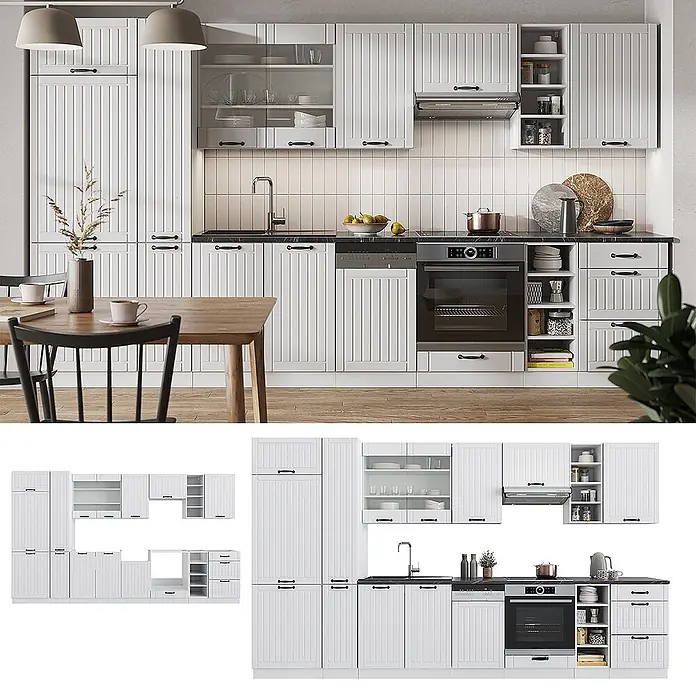 Vicco Küchenzeile Fame-Line Weiß Landhaus/Weiß, AP Marmor - Weiß Landhaus, Ohne Elektrogeräte