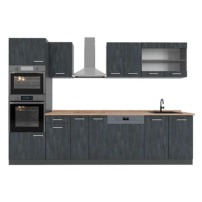 Vicco Küchenzeile R-Line, Schwarz Beton, 300 cm -  - Moderne dunkelgraue Küche mit Holzarbeitsplatte, integrierten Öfen, Geschirrspüler, Spüle und Dunstabzugshaube.