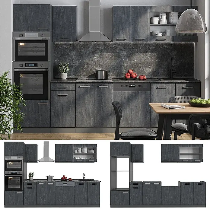 Vicco Küchenzeile R-Line, Schwarz Beton, 300 cm -  - Dunkelgraue modulare Küchenschränke mit Textur, integrierten Geräten und Oberschränken in moderner Küche.