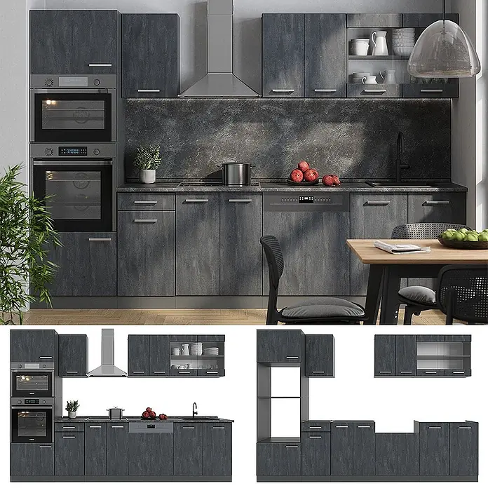 Vicco Küchenzeile R-Line, Schwarz Beton, 300 cm -  - Modernes dunkelgraues, texturiertes Küchenschrank-Set mit integrierten Geräten und viel Stauraum.