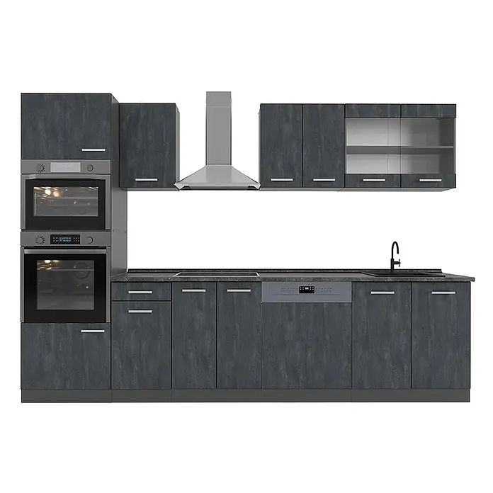 Vicco Küchenzeile R-Line, Schwarz Beton, 300 cm -  - Dunkelgraue Küchenzeile mit integrierten Backöfen, Geschirrspüler, Spüle und Dunstabzugshaube aus Edelstahl. Mit strukturierten Schränken und Arbeitsplatte.