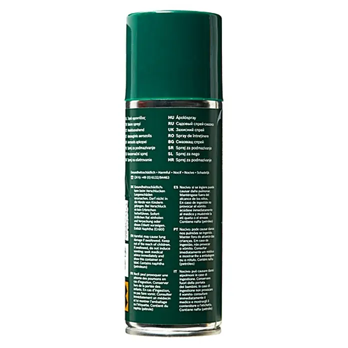 Bosch Spray de mantenimiento para cortasetos - 250 ml - Lata de aerosol con etiqueta verde que contiene información del producto en varios idiomas.