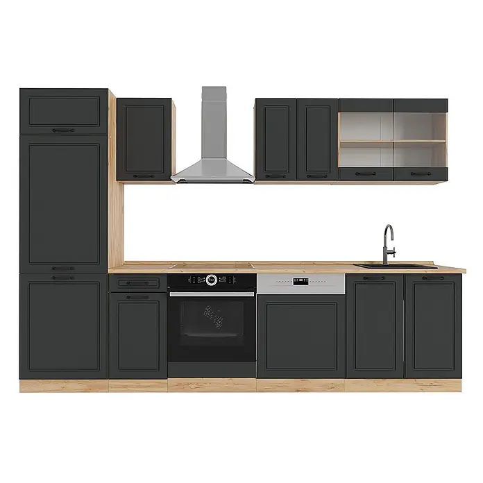 Vicco Küchenzeile R-Line Anthrazit Landhaus/Goldkraft Eiche, AP Eiche - Breite: 300 cm, Anthrazit Landhaus, Ohne Elektrogeräte - Moderne dunkelgraue Küchenzeile mit heller Holzplatte, integriertem Backofen, Geschirrspüler, Spüle und Dunstabzugshaube.