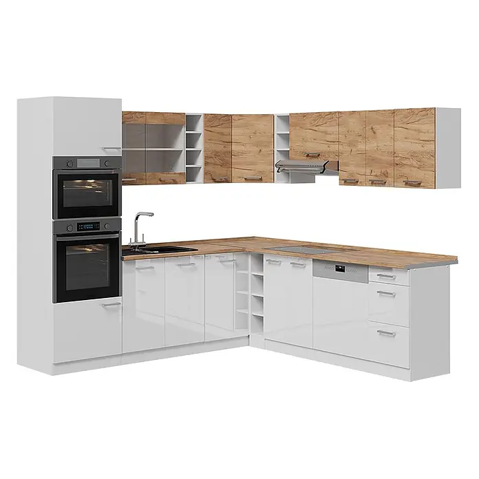 Vicco Eckküche R-Line Goldkraft Eiche/Weiß zweifarbige Schränke, AP Eiche - Weiß, Ohne Elektrogeräte