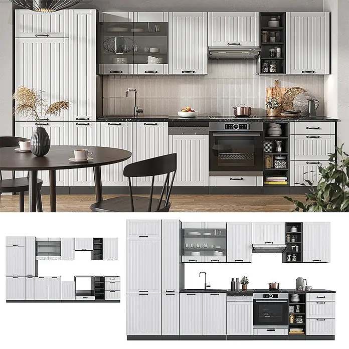 Vicco Küchenzeile Fame-Line Weiß Landhaus/Anthrazit, AP Marmor - Weiß Landhaus, Ohne Elektrogeräte