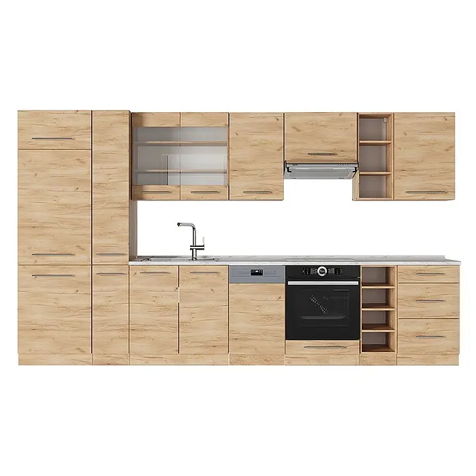 Küchenzeile Fame-Line 355 cm Goldkraft Eiche Art.-Nr. 57166 -  - Moderne Einbauküche in heller Holzmaserung mit Spüle, Geschirrspüler, Backofen und Dunstabzugshaube.