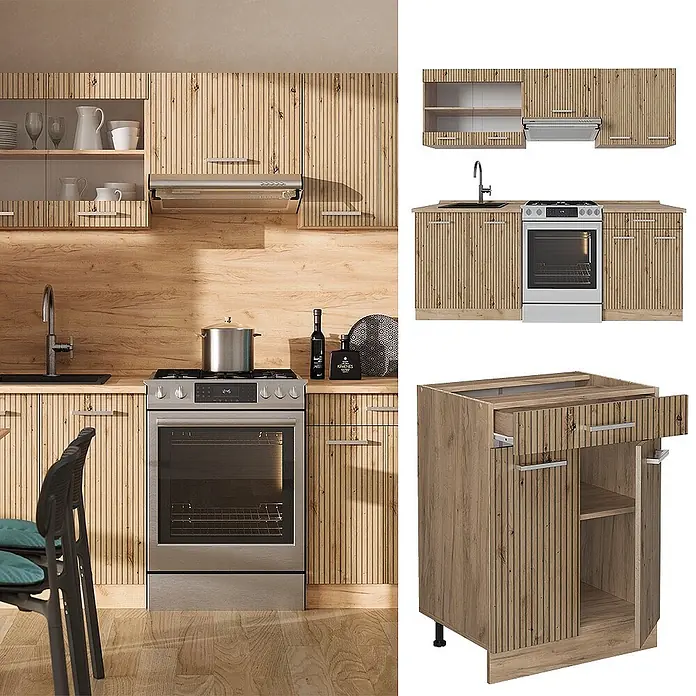 Küchenzeile R-Line 200 cm Artisan-Eiche Art.-Nr. 48922 -  - Küchenschrank-Set in heller Holzoptik mit vertikalen Lamellen, modular und installiert gezeigt.
