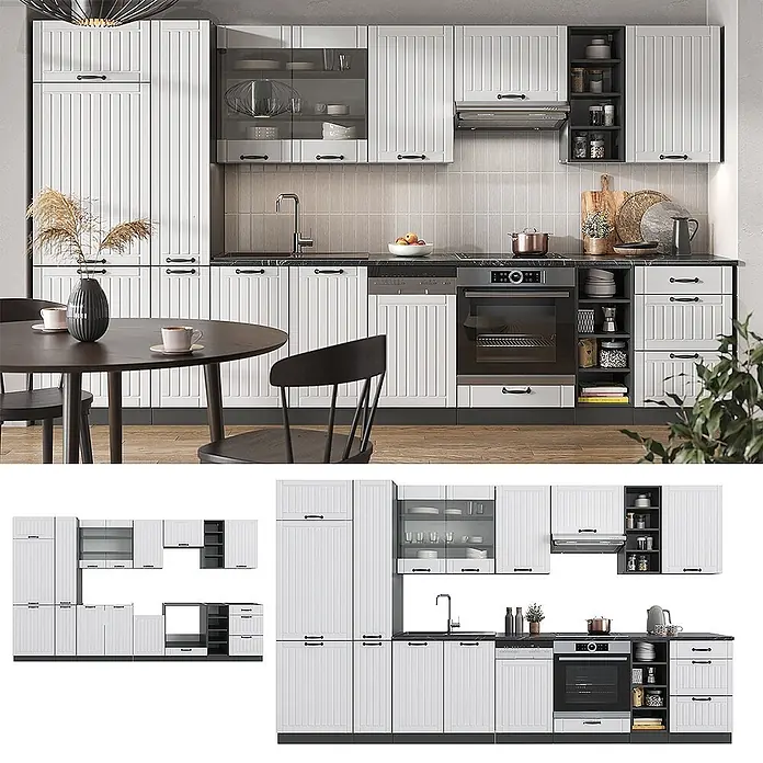 Vicco Küchenzeile Fame-Line Weiß Landhaus/Anthrazit, AP Eiche - Weiß Landhaus, Ohne Elektrogeräte