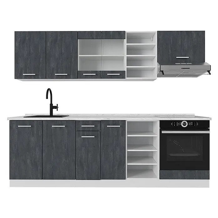 Vicco Küchenzeile R-Line, Schwarz Beton/Weiß, 240 cm -  - Moderne Küchenzeile mit dunkelgrauen strukturierten Schränken und weißer Arbeitsplatte. Mit schwarzer Spüle, Backofen und Edelstahlhaube.