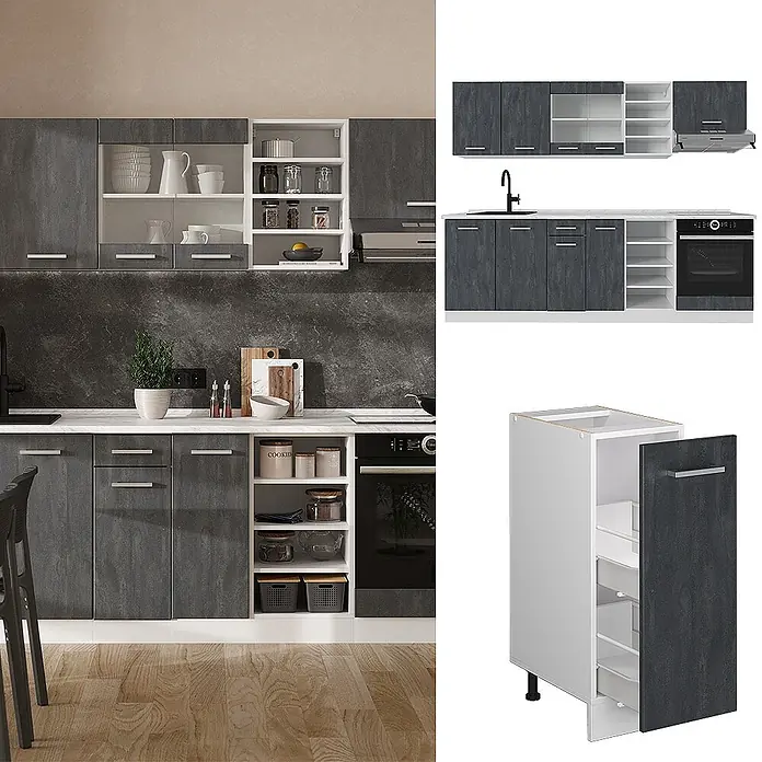 Vicco Küchenzeile R-Line, Schwarz Beton/Weiß, 240 cm -  - Moderne dunkelgraue, texturierte Küchenschrank-Kombination mit weißen Regalen und integrierten Geräten.