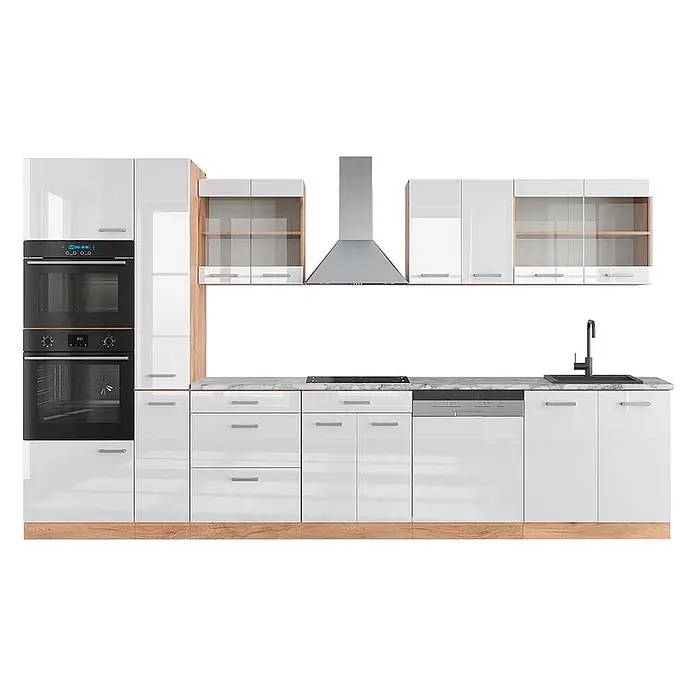 Vicco Küchenzeile R-Line Weiß Hochglanz/Goldkraft Eiche mit Hochschrank, AP Marmor - Weiß Hochglanz, Ohne Elektrogeräte