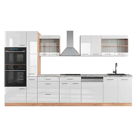 Vicco  Küchenzeile R-Line Weiß Hochglanz/Goldkraft Eiche mit Hochschrank, AP Marmor