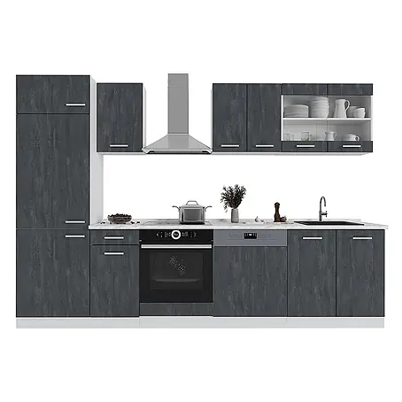 Vicco  Küchenzeile R-Line Schwarz Beton/Weiß AP Marmor