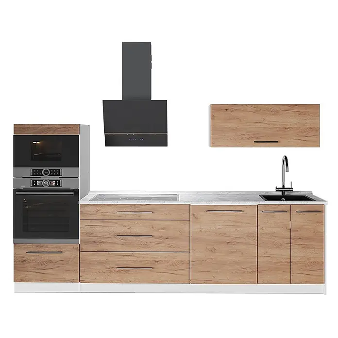 Vicco Küchenzeile - Breite: 280 cm, Goldkraft Eiche, Ohne Elektrogeräte - Moderne Küche mit hellen Holzfronten, weißer Arbeitsplatte, schwarzem Spülbecken, Kochfeld, Ofen, Mikrowelle und Dunstabzugshaube.