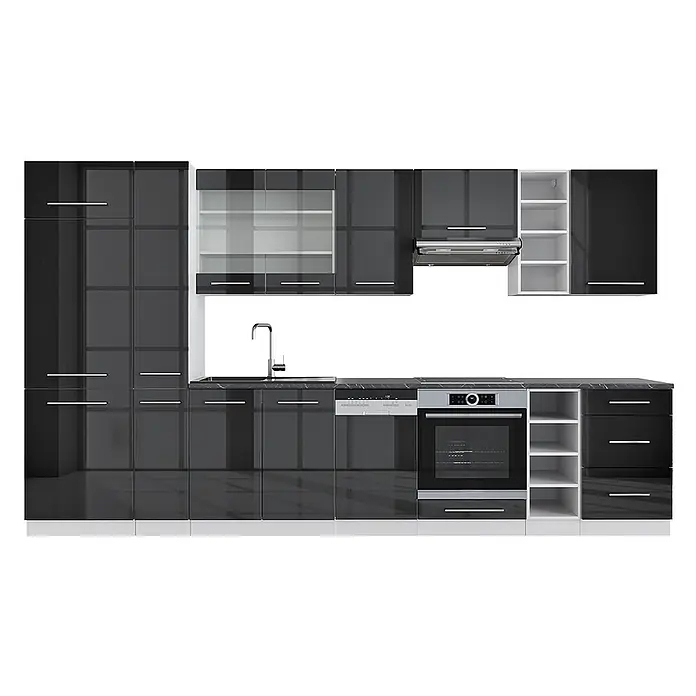 Vicco Küchenzeile Fame-Line Anthrazit Hochglanz/Weiß, AP Anthrazit - Breite: 355 cm, Anthrazit Hochglanz, Ohne Elektrogeräte - Glänzende schwarze Küchenzeile mit Spüle, Backofen, Geschirrspüler und Dunstabzugshaube, mit Glas- und Volltüren.