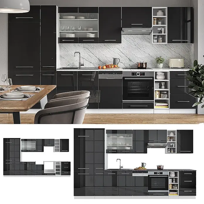 Vicco Küchenzeile Fame-Line Anthrazit Hochglanz/Weiß, AP Anthrazit - Breite: 355 cm, Anthrazit Hochglanz, Ohne Elektrogeräte - Moderne schwarze Hochglanz-Einbauküche mit integrierten Geräten und weißer Arbeitsplatte, modular und anpassbar.