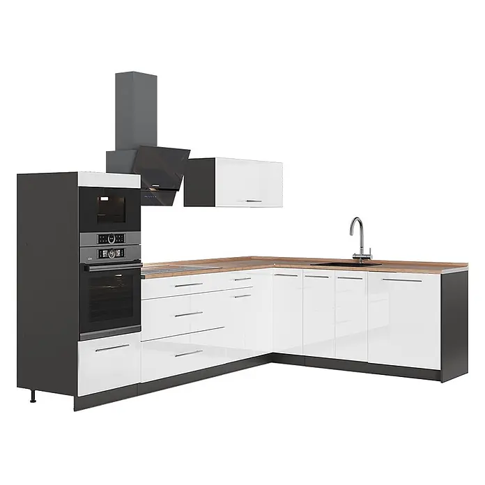 Eckküche Fame-Line 287 cm Weiß Hochglanz Art.-Nr. 63482 -  - Weiße Hochglanz-Eckküche mit dunkelgrauem Hochschrank, integrierten schwarzen Öfen, Holzarbeitsplatte und Spüle mit Chromarmatur.