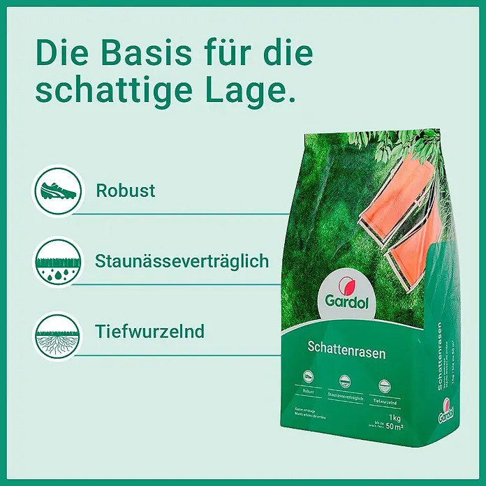 Gardol Schattenrasensamen - 1 kg, Saatgut ausreichend für: 50 m² - Gardol-Tüte mit Schattenrasensamen. Merkmale: robust, staunässeverträglich, tiefwurzelnd. Text: "Die Basis für die schattige Lage."
