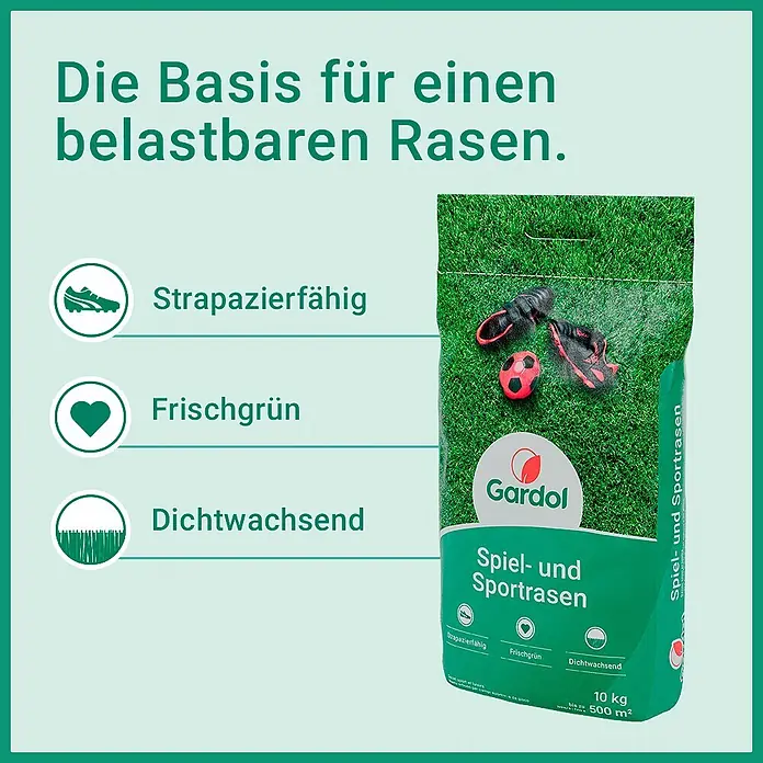 Gardol Spiel- & Sportrasensamen - 10 kg, Saatgut ausreichend für: 500 m² - Grüner Gardol Spiel- und Sportrasen-Sack (10kg für 500m²), strapazierfähig, frischgrün, dichtwachsend, mit Fußball- und Stollenschuh-Grafik.