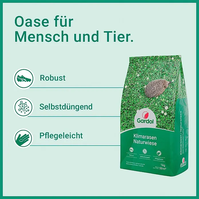 Gardol Rasensamen Klimarasen Naturwiese - 1 kg, Saatgut ausreichend für: 50 m² - Grüne Gardol "Klimarasen Naturwiese" Rasensamenpackung mit Igel, hebt robust, selbstdüngend, pflegeleicht für 1kg/50m² hervor.