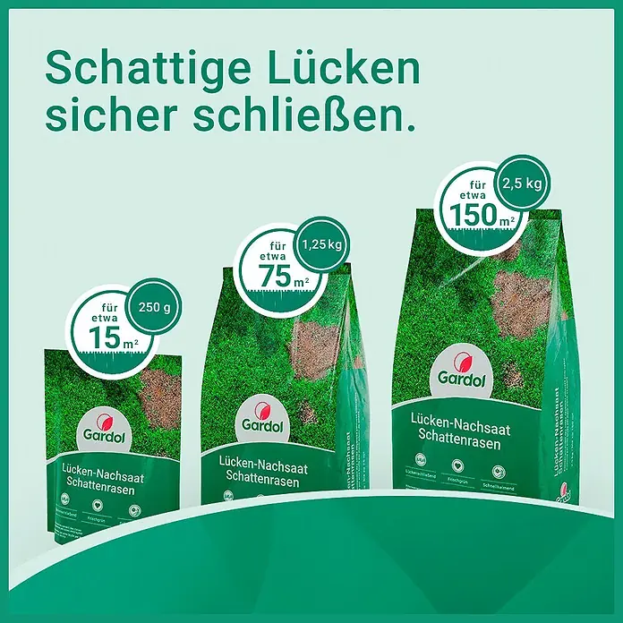Gardol Nachsaat-Rasen Schatten - 2,5 kg, Saatgut ausreichend für: 150 m² - Drei grüne Gardol Lücken-Nachsaat Schattenrasen-Beutel, Größen 250g, 1.25kg, 2.5kg für 15m², 75m², 150m² Abdeckung.