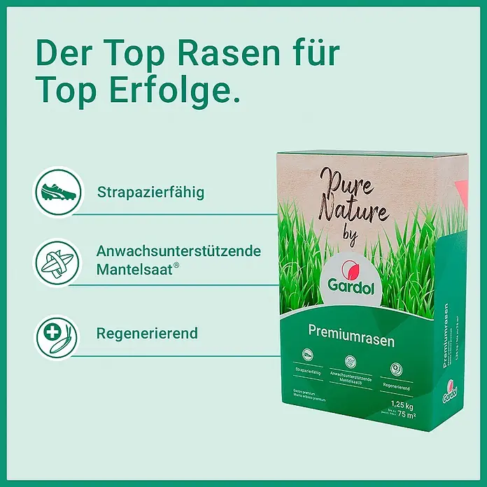 Gardol Rasensamen Premiumrasen - 1,25 kg, Saatgut ausreichend für: 75 m² - Gardol Premiumrasen Saatgut-Box (1,25 kg) für 75m², mit 'Pure Nature' Logo und Eigenschaften: strapazierfähig, ummantelt, regenerierend.