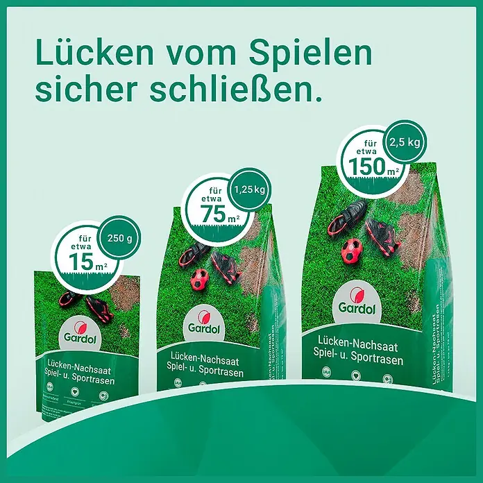 Gardol Nachsaat-Rasen Spiel- & Sprot - 0,25 kg, Saatgut ausreichend für: 15 m² - Drei Gardol Rasensamenbeutel in verschiedenen Größen zur Reparatur von Spiel- und Sportrasen, mit Gras und Sportgeräten.
