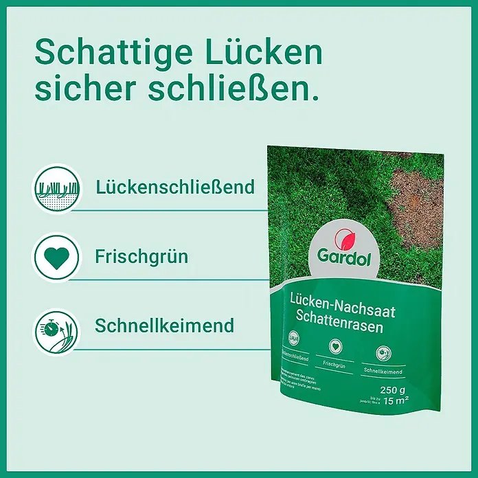 Gardol Nachsaat-Rasen Schatten - 0,25 kg, Saatgut ausreichend für: 15 m² - Grüne Packung Gardol Rasennachsaat für Schattenrasen, die schattige Lücken schließt, frischgrün ist und schnell keimt.