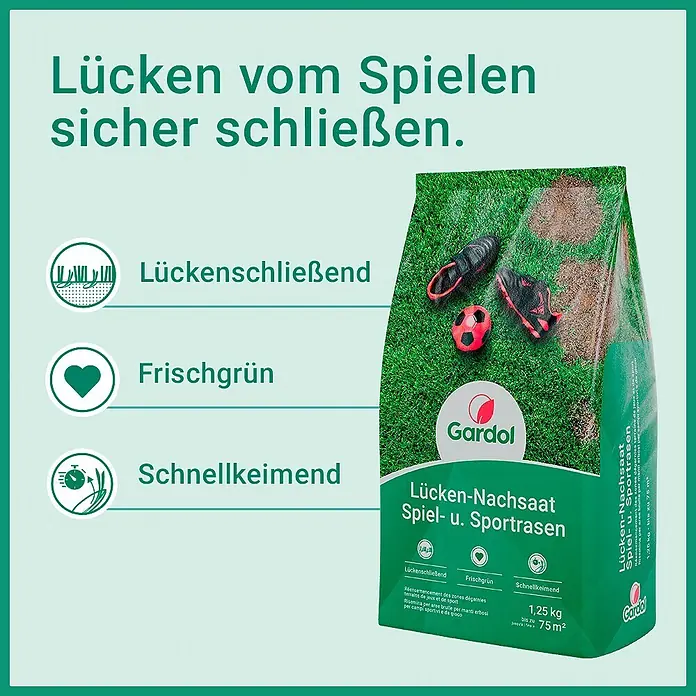 Gardol Nachsaat-Rasen Spiel- & Sprot - 1,25 kg, Saatgut ausreichend für: 75 m² - Gardol Rasensamen-Packung zur Reparatur von Lücken in Spiel- und Sportrasen.