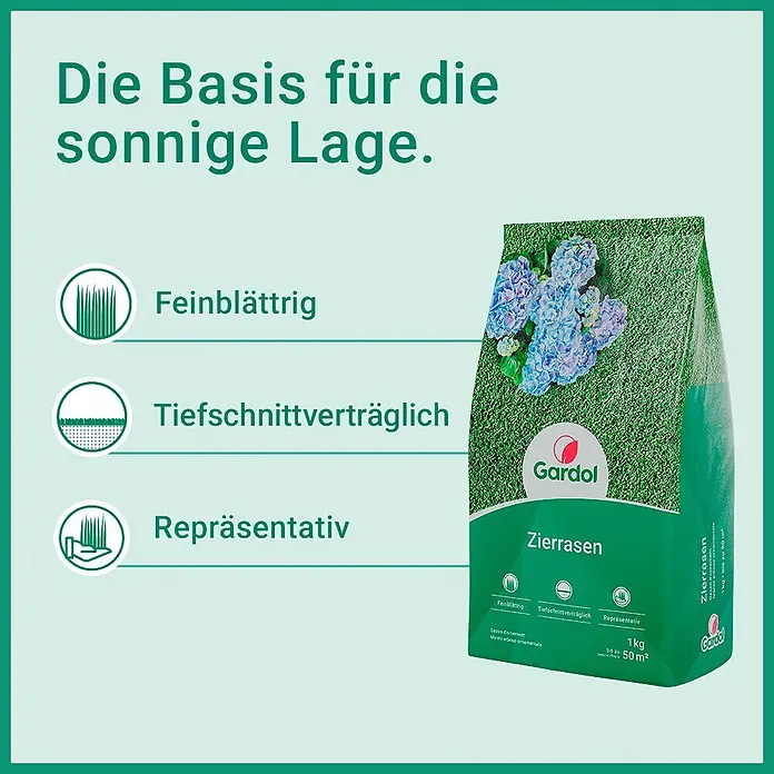Gardol Zierrasensamen - 1 kg, Saatgut ausreichend für: 50 m² - Gardol Zierrasen 1kg Packung für Zierrasen, feinblättrig, tiefschnittverträglich, geeignet für sonnige Lagen (bis zu 50m²).