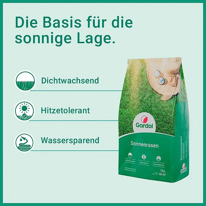 Gardol Rasensamen Sonnenrasen - 1 kg, Saatgut ausreichend für: 40 m² - Gardol Sonnenrasen-Samenbeutel für dichten, hitzetoleranten, wassersparenden Rasen in sonniger Lage.