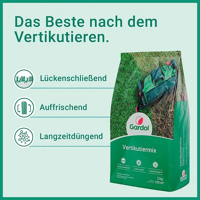 Gardol Rasensamen Vertikutiermix - 2 kg, Saatgut ausreichend für: 100 m² - Grüner Beutel Gardol Vertikutiermix (2kg) für Rasenpflege nach dem Vertikutieren. Füllt Lücken, erfrischt und düngt langzeit.