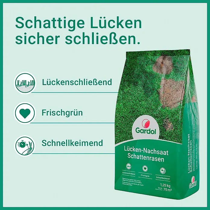 Gardol Nachsaat-Rasen Schatten - 1,25 kg, Saatgut ausreichend für: 75 m² - Grüner Beutel Gardol Rasensamen für Schattenrasen, schließt Lücken schnell und sorgt für frisches Grün.