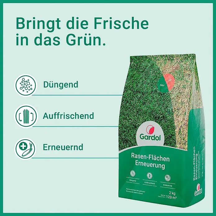 Gardol Nachsaat-Rasen Flächenerneuerung - 2 kg, Saatgut ausreichend für: 120 m² - Gardol Rasen-Flächen Erneuerung, eine grüne 2kg-Packung mit Grasdarstellung. Fördert Düngung, Auffrischung und Erneuerung für bis zu 120m².