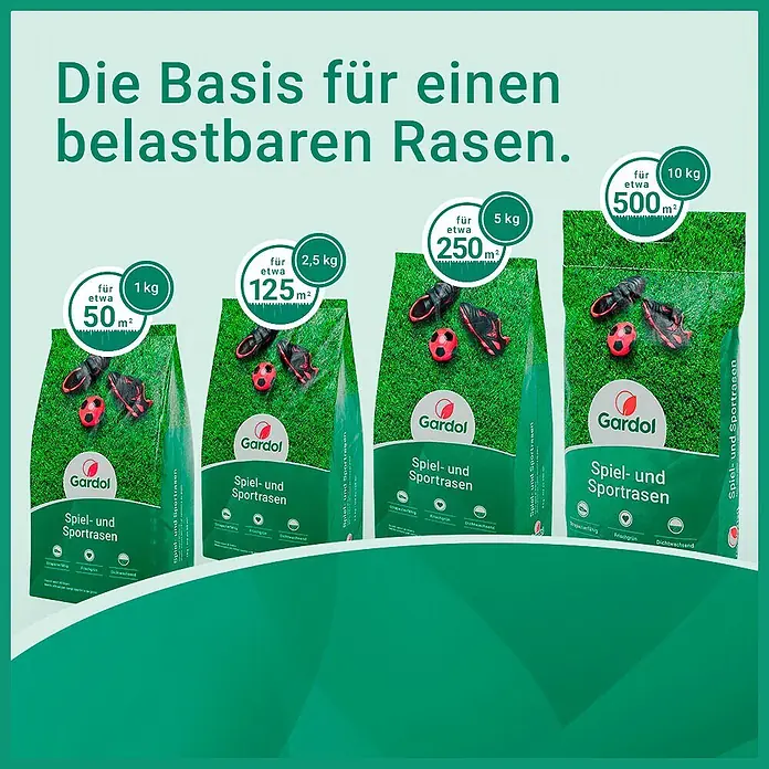 Gardol Spiel- & Sportrasensamen - 1 kg, Saatgut ausreichend für: 50 m² - Vier grüne Gardol Spiel- und Sportrasen Samenbeutel mit Fußball-Dekoration, verschiedene Größen (1kg-10kg).