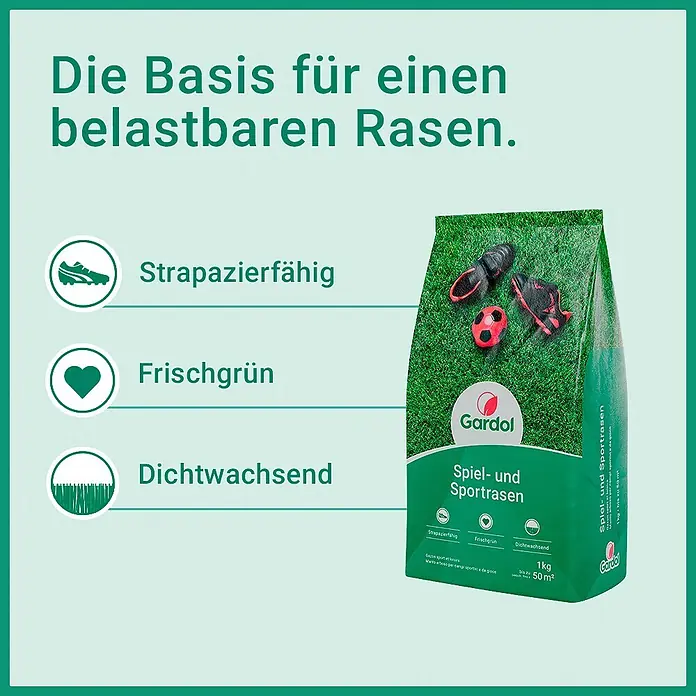 Gardol Spiel- & Sportrasensamen - 1 kg, Saatgut ausreichend für: 50 m² - Grüne Gardol Spiel- und Sportrasen-Samenpackung mit Fußball-Motiven für strapazierfähigen, frischgrünen, dichtwachsenden Rasen.