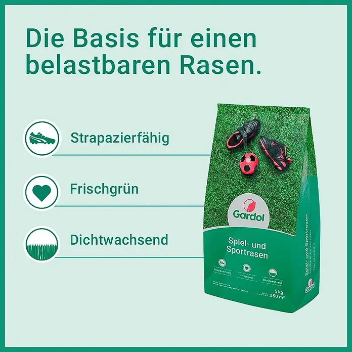 Gardol Spiel- & Sportrasensamen - 5 kg, Saatgut ausreichend für: 250 m² - Gardol Spiel- und Sportrasen Saatgutbeutel (5kg) für strapazierfähigen, frischgrünen und dichtwachsenden Rasen.
